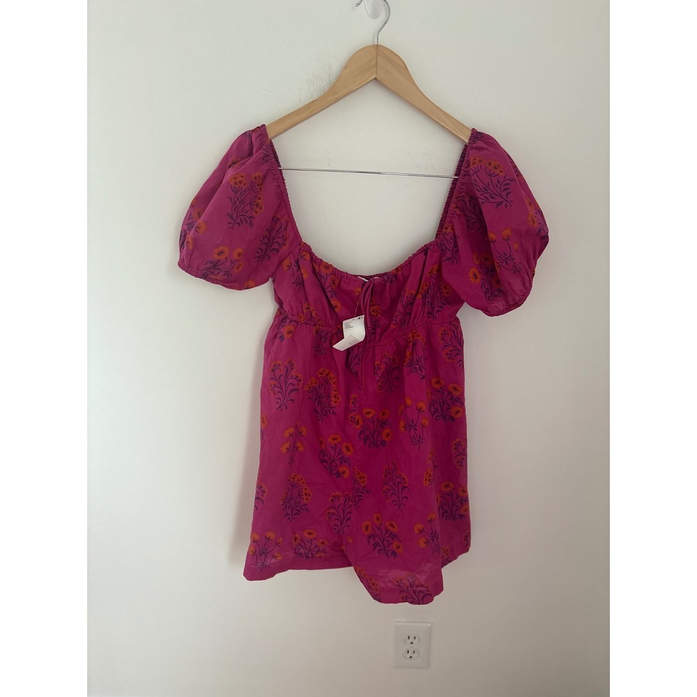 Urban Outfitters Pink Floral Puff Sleeve Smocked Back Boho Romper Medium NEW